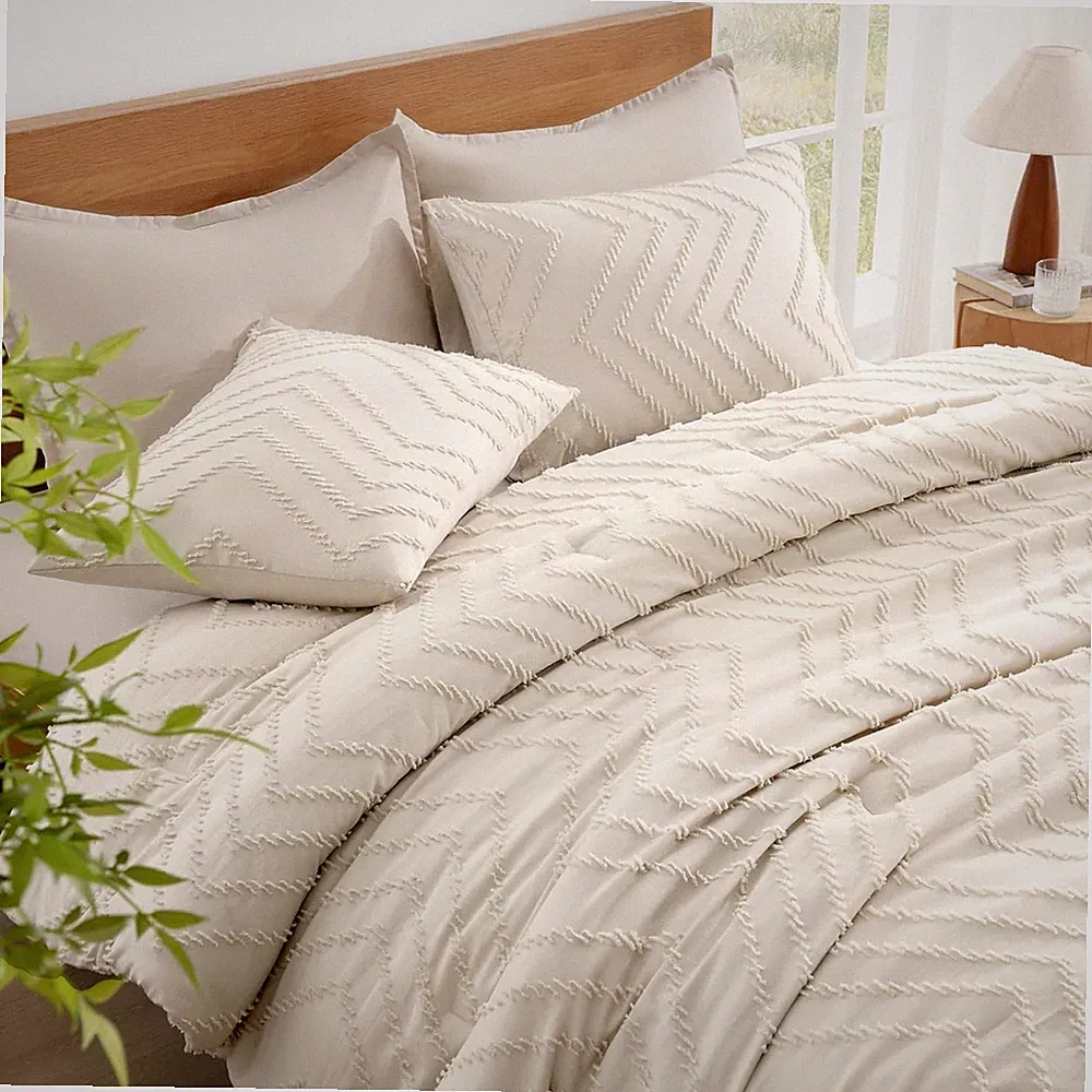 Beige Comforter Set, 3-Piece Cream Lightweight Tufted Bedding Comforter Set