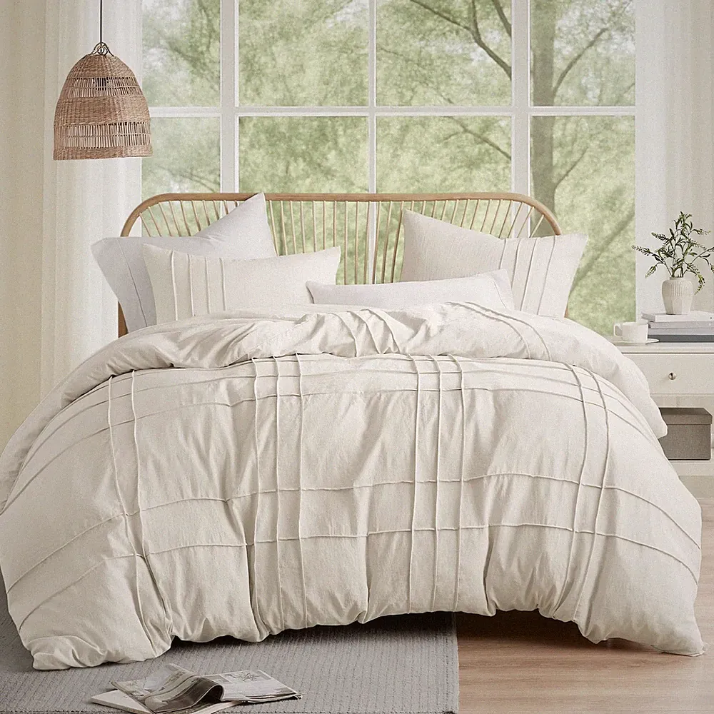Comfort Spaces Cream Queen Size Duvet Cover Set - 3 Pieces Pintuck Pleated Duvet