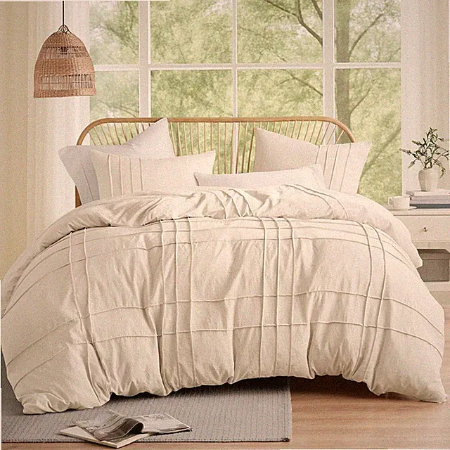 Cream Queen Size Duvet Cover Set - 3 Pieces Pintuck Pleated Duvet Cover Queen...