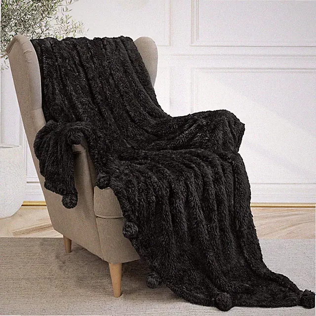 Fluffy Throw Blanket Pom Pom Tassel Soft Blanket Sofa Couch Bed Warm Cute Fuzzy