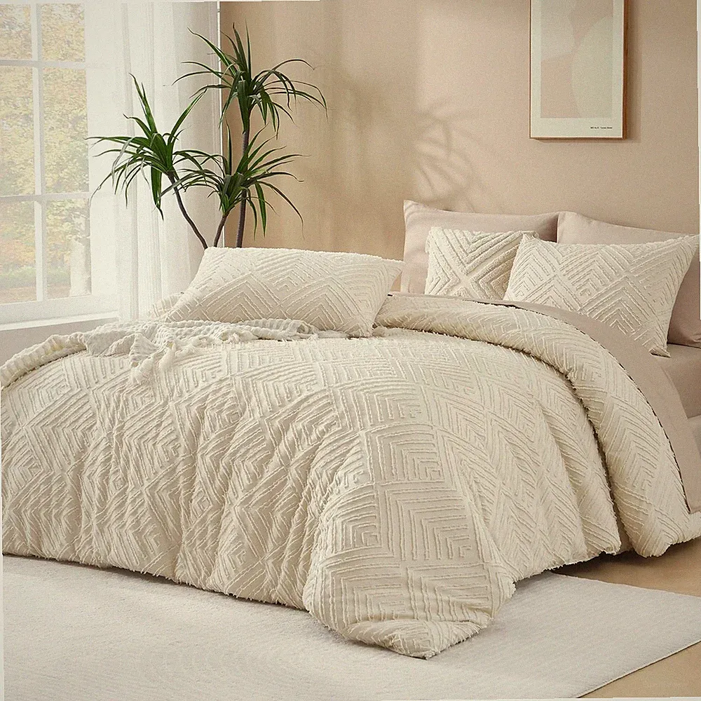 King Size Comforter Set Beige, 3 Pieces Boho King Bedding Comforter Set Cream