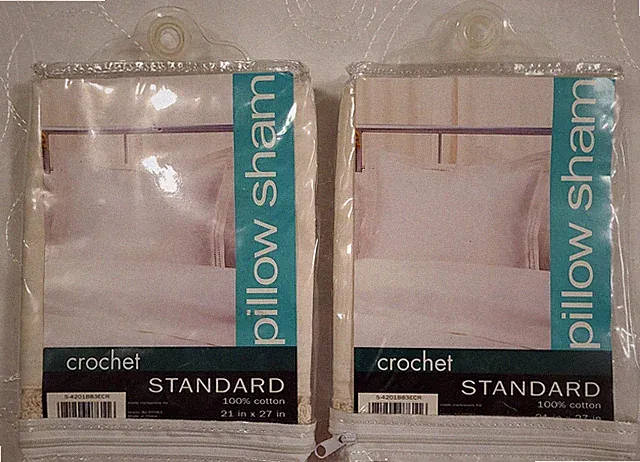 Pair of Tailored Standard Pillow Shams w/ Crochet Trim Cream Color New w/Defect